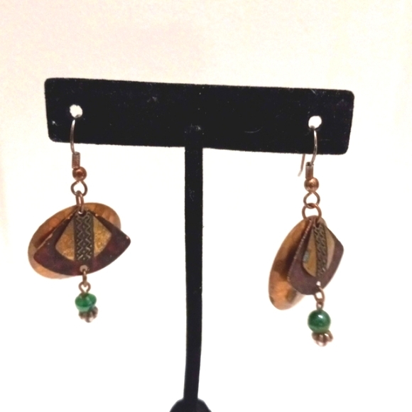 Copper Tone Double Circles W/ Blue Bead Dangle Earrings - Picture 4 of 5